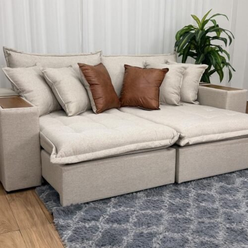 Sofá Cama Retrátil Reclinável Tebas 2.50m - Bege Linho/Marrom Courino