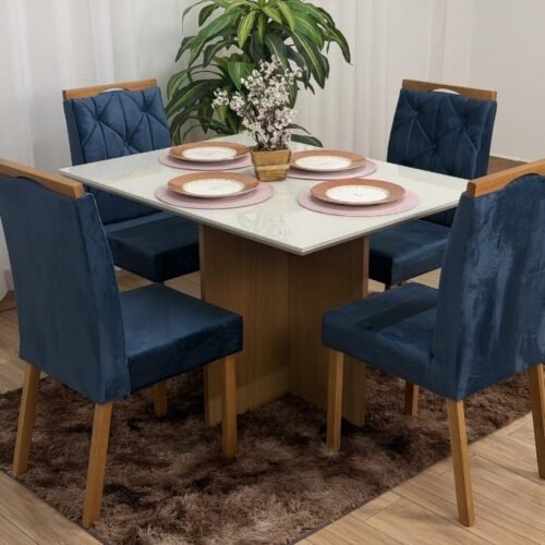 Mesa de Jantar Helo 1.20x0.90 Com 4 Cadeiras Jasmim - Freijó/Off White/Azul Veludo