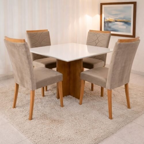 Mesa Salinas 90 Cinamomo/Off White com 4 Cadeiras Safira Veludo Bege – CEL MÓVEIS + WM DECOR