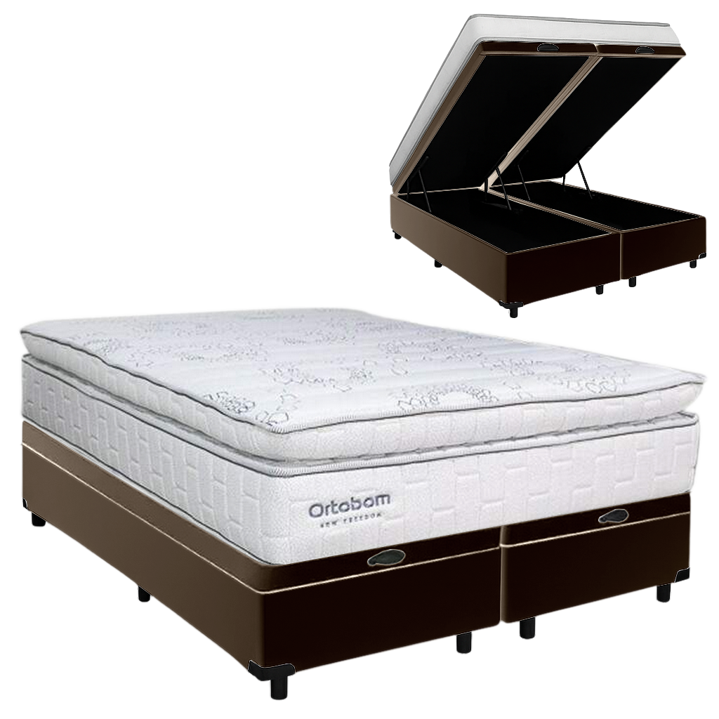 Colchão Queen New Freedom 32 cm D33 Molas Ensacadas + Base Baú Corino Marrom – ORTOBOM + ALTO NÍVEL - Imagem 2