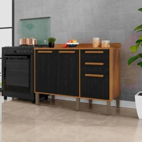 Balcão Flórida Larg. 1.20m Cinamomo/Preto 3 Portas 2 Gavetas Sallêto