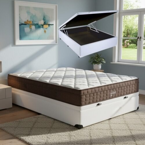 Colchão Casal Star One 30 cm D28/AG D70 + Base Baú Corino Branco – ANJOS + BIOSTAR