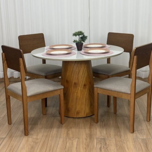 Mesa de Jantar Paris Circular 1.10x1.10 c/4 Cadeiras Ana - Cinamomo/Off White/Bege Linho