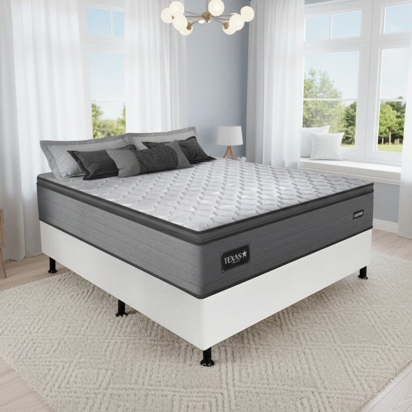 Colchão Casal Texas 29 cm D28 Molas Ensacadas + Base Simples Corino Branco – GAZIN + BIOSTAR
