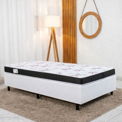Box Solteiro Korino Branca Ortobel + Colchão Solteiro Soffie Lotus 88x188x49 D20 Borda Preta Det. Vermelho - Nosso Sonho