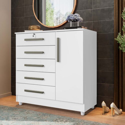 Cômoda Vitória com 5 Gavetas e 1 Porta Branco com Pés - Rud Rack