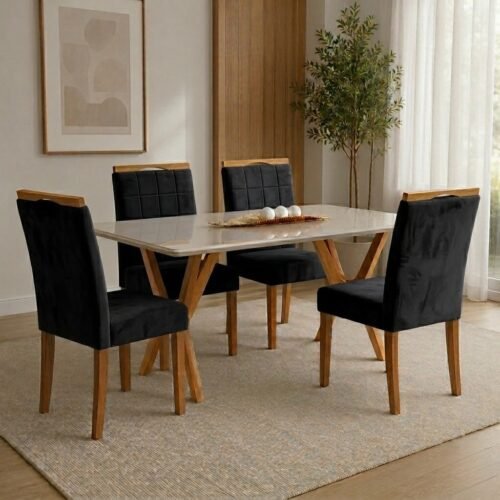 Mesa Essência 120 (C/Vidro) Cinamomo/Off White com 4 Cadeiras Las Vegas Veludo Preto 13 – JCM MOVELARIA + OURO DECOR