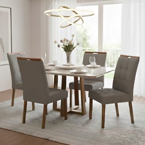 Mesa Pedro 90 Mel/Off White com 4 Cadeiras Sophia Linho Cinza Grafite 206 – ART ASSENTOS + WM DECOR
