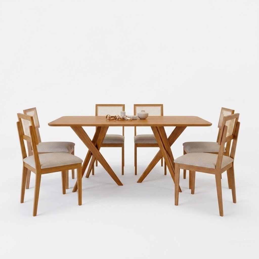 Mesa Cacau 180 (S/Vidro) Madeira/Cinamomo com 6 Cadeiras Palmas Linho Bege – CIMOL - Imagem 2