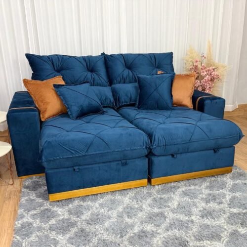Sofá Retrátil Reclinável Pleno 2.50 - Azul Veludo