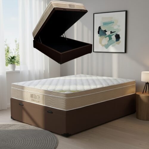 Colchão Casal Airtech Springpocket 25 cm D26 Molas Ensacadas + Base Baú Corino Marrom – ORTOBOM + ALTO NÍVEL