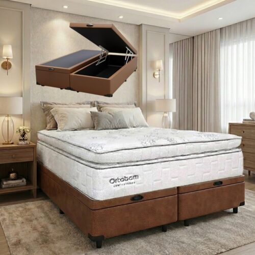 Colchão Queen New Freedom 32 cm D33 Molas Ensacadas + Base Baú Corino Marrom – ORTOBOM + BIOSTAR