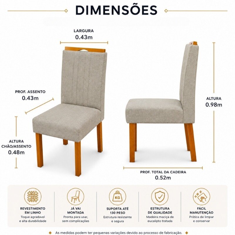 Caixa 2 Cadeiras Atlanta Linho Bege Madeira Maciça Minas Plac - Entregue Montada - Imagem 2