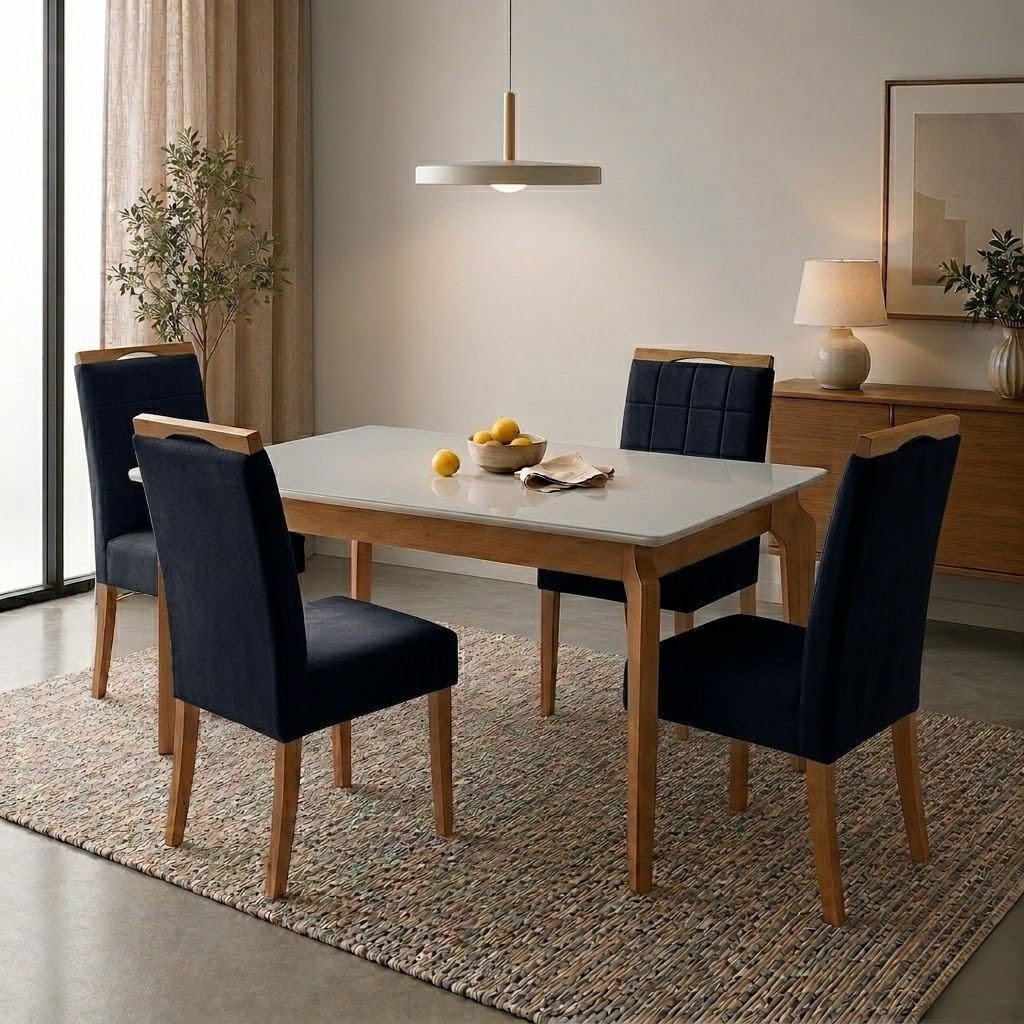 Mesa Atos 120 (Tampo 18 mm) Mel/Off White com 4 Cadeiras Las Vegas Veludo Preto 13 – VIEIRA DECOR + OURO DECOR