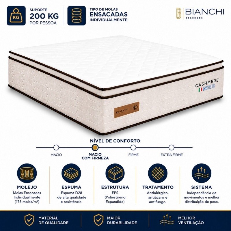 Colchão Casal Cashmere Prime 138x188x35 Molas Ensacadas Bianchi Colchões | Suporta até 400kg - Imagem 6