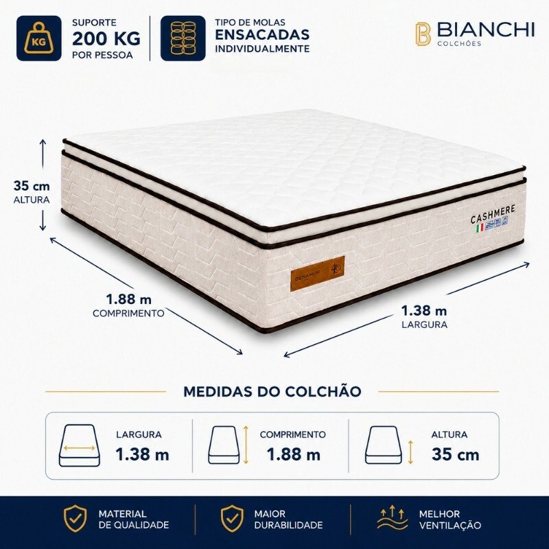 Colchão Casal Cashmere Prime 138x188x35 Molas Ensacadas Bianchi Colchões | Suporta até 400kg - Imagem 2