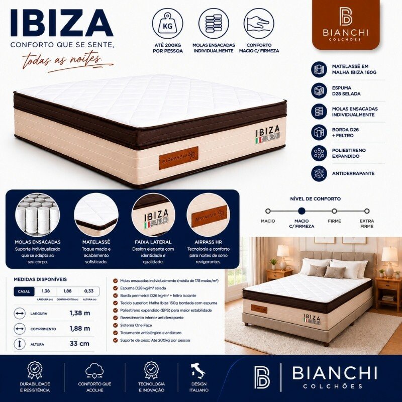 Colchão Casal Ibiza Molas Ensacadas - Bianchi Colchões + Box Baú Casal Prime Confort Corino Palha Blindado - Issacar 138x188x78 | Suporta até 400kg - Imagem 8