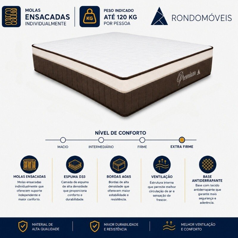 Colchão Premium Plus Molas Ensacadas Pocket Rondomóveis + Box Casal Rondopremium 138x188x70 | Suporta até 240kg - Imagem 4