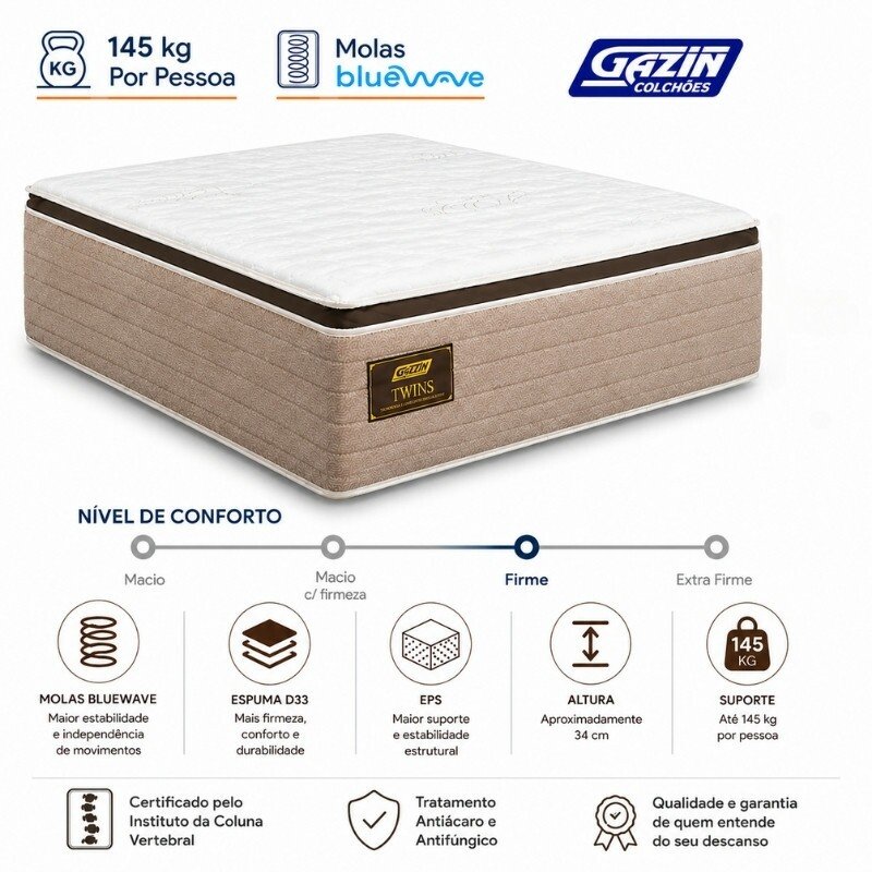 Colchão Casal Twins 138x188x34 Molas Ensacadas BlueWave - Gazin | Suporta até 290kg - Imagem 7