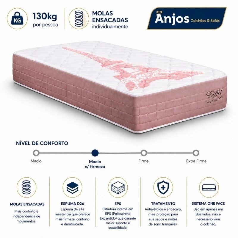 Colchão Solt. Eiffel Molas Ensacadas Rosa - Anjos + Box Solt. Korino Branca Ortobel - 88x188x63 | Suporta até 130kg - Imagem 15