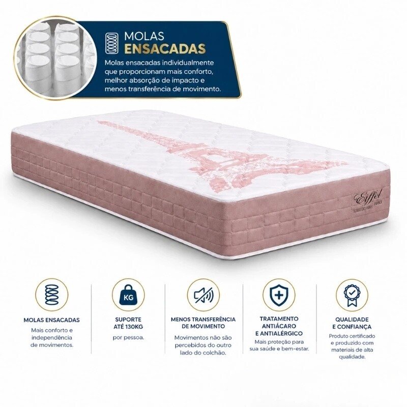 Colchão Solt. Eiffel Molas Ensacadas Rosa - Anjos + Box Solt. Korino Branca Ortobel - 88x188x63 | Suporta até 130kg - Imagem 12