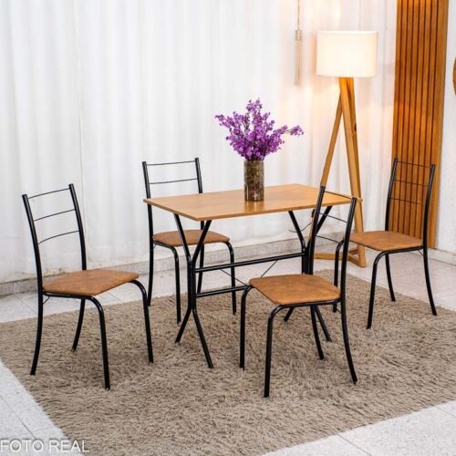 Conjunto Mesa Belize Retangular 90x58 Naturale Base Nexus Preto Fosco + 4 Cadeiras Belize Korino Marrom - Tubo Minas