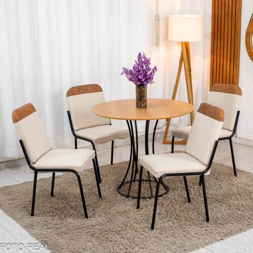 Conjunto Mesa Malta Redonda 90x90 Naturale Base Ônix Preto Fosco + 4 Cadeiras Malta Bege - Tubo Minas