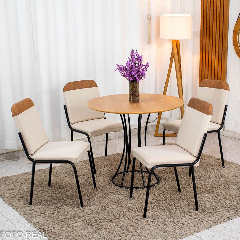 Conjunto Mesa Malta Redonda 90x90 Naturale Base Ônix Preto Fosco + 4 Cadeiras Malta Bege - Tubo Minas