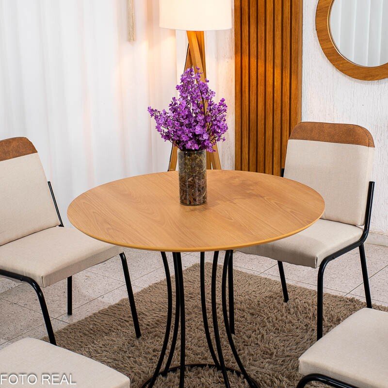 Conjunto Mesa Malta Redonda 90x90 Naturale Base Ônix Preto Fosco + 4 Cadeiras Malta Bege - Tubo Minas - Imagem 2