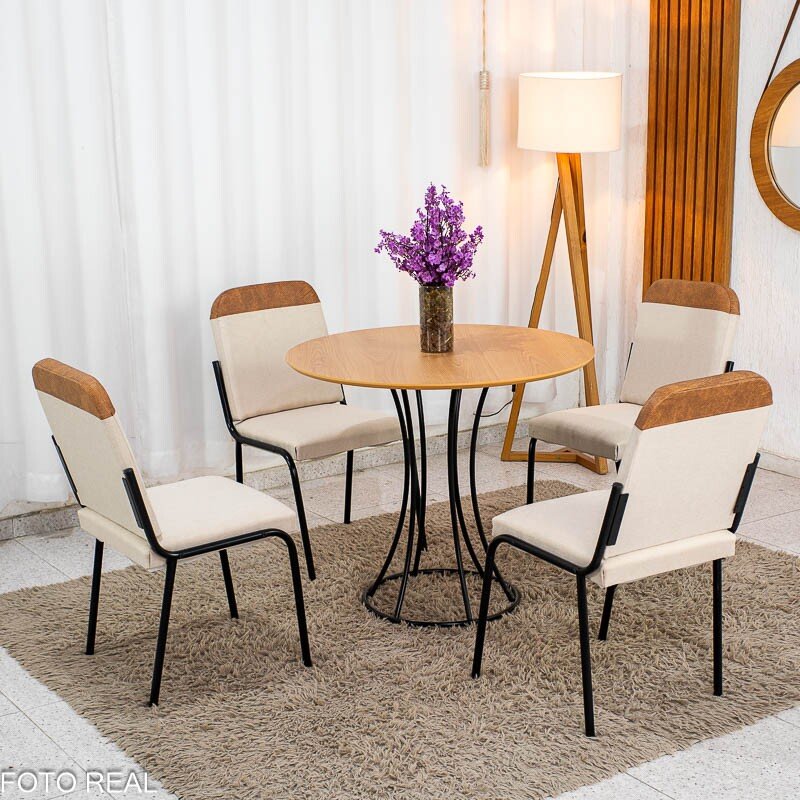 Conjunto Mesa Malta Redonda 90x90 Naturale Base Ônix Preto Fosco + 4 Cadeiras Malta Bege - Tubo Minas - Imagem 3