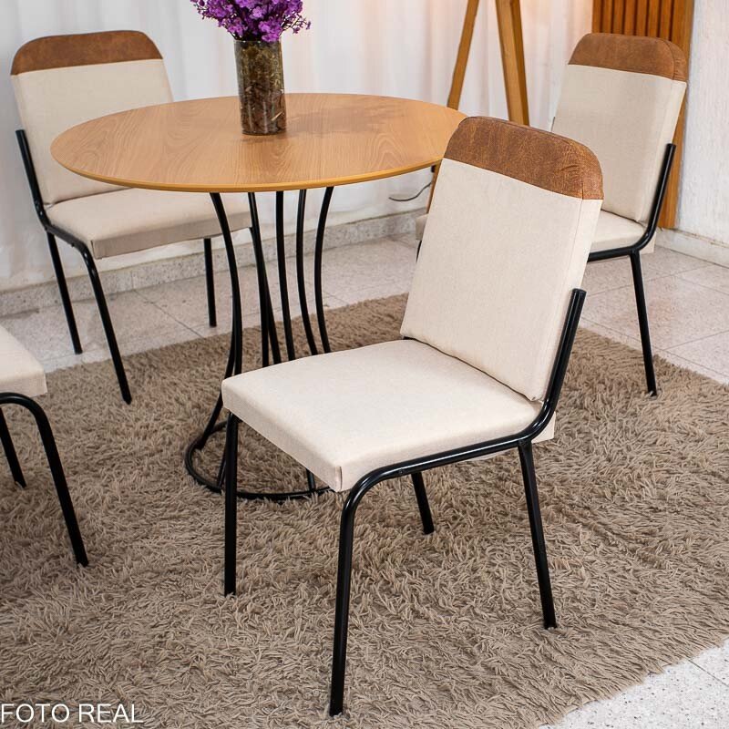 Conjunto Mesa Malta Redonda 90x90 Naturale Base Ônix Preto Fosco + 4 Cadeiras Malta Bege - Tubo Minas - Imagem 4