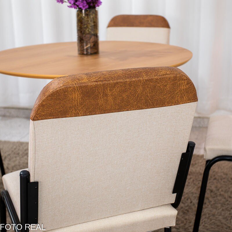 Conjunto Mesa Malta Redonda 90x90 Naturale Base Ônix Preto Fosco + 4 Cadeiras Malta Bege - Tubo Minas - Imagem 5
