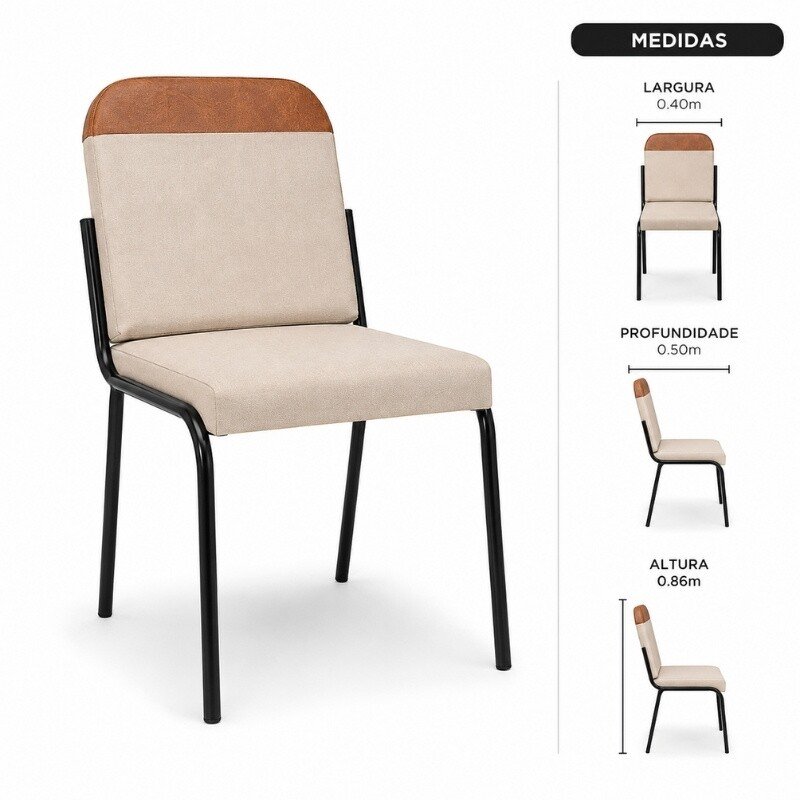 Conjunto Mesa Malta Redonda 90x90 Naturale Base Ônix Preto Fosco + 4 Cadeiras Malta Bege - Tubo Minas - Imagem 6