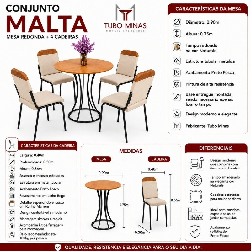 Conjunto Mesa Malta Redonda 90x90 Naturale Base Ônix Preto Fosco + 4 Cadeiras Malta Bege - Tubo Minas - Imagem 8