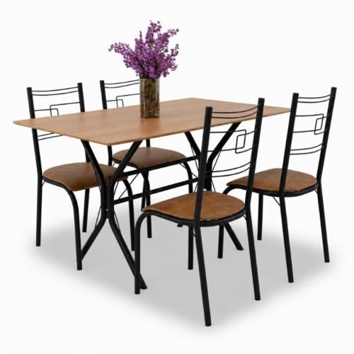 Conjunto Paraty C/4 Cad. Assento Jambo ( Marrom) Base Cabo Frio Preto Fosco 120×75 Tampo Madeirado - Teixeira