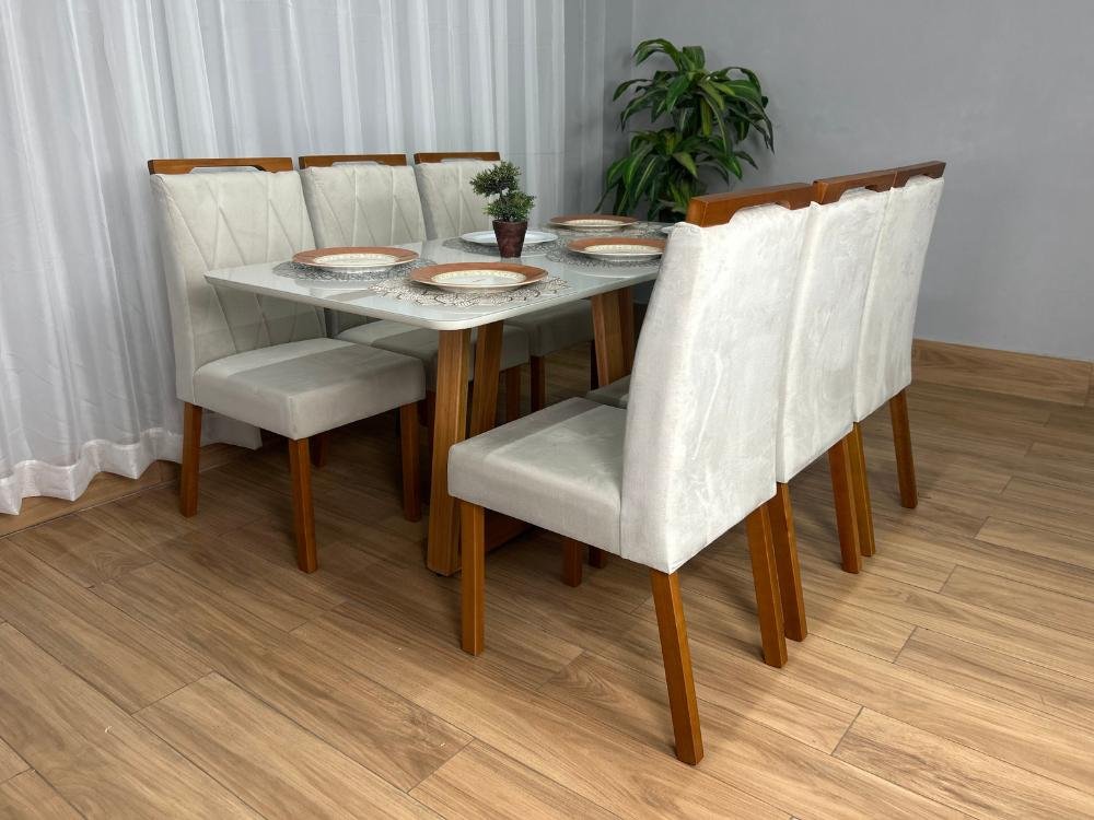 Mesa de Jantar Bali 1.60×0.80 Com 6 Cadeiras Isa – Cinamomo/Off White/Bege Veludo - Imagem 3