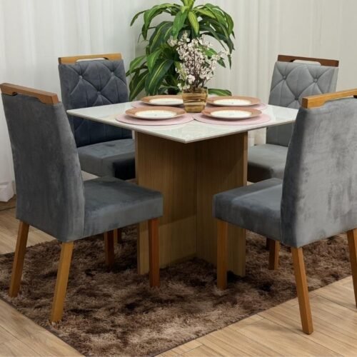 Mesa de Jantar Helo 0.90x0.90 Com 4 Cadeiras Jasmim - Freijó/Off White/Cinza Veludo