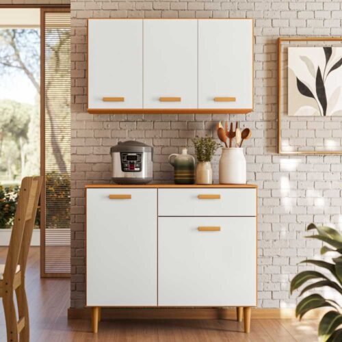 Armário de Cozinha Kit Ester Balcão+Aéreo 0,91m - Freijó/ Off White