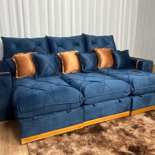 Sofá Retrátil Reclinável Pleno 3 Módulos 2.90m - Azul Veludo
