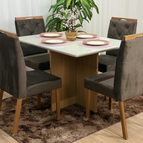 Mesa de Jantar Helo 1.20x0.90 Com 4 Cadeiras Jasmim - Freijó/Off White/Marrom Veludo