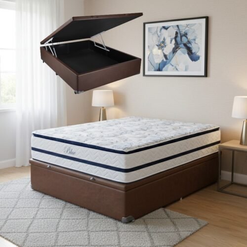 Colchão Casal Blue 32 cm H33 Molas Ensacadas + Base Baú Corino Marrom – PAROPAS + BIOSTAR