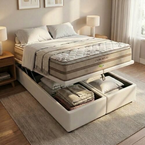 Colchão Queen Dom Hélio VX 32 cm D28 Molas Ensacadas + Base Baú Corino Branco – ECOTEC + ALTO NÍVEL