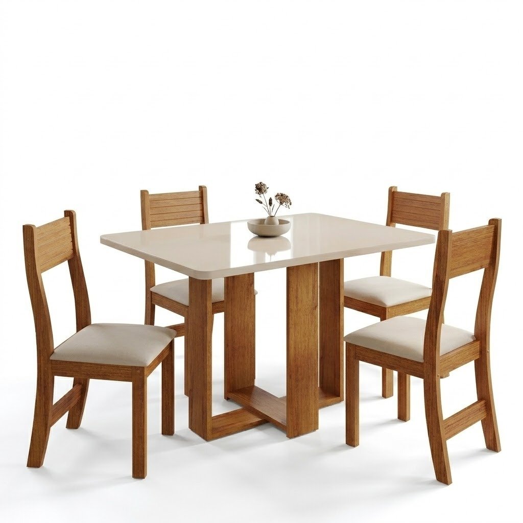 Mesa Tókio/Teka 120 Mel/Blonde/Off White com 4 Cadeiras Brisa Veludo Marfim – VIERO MÓVEIS - Imagem 5