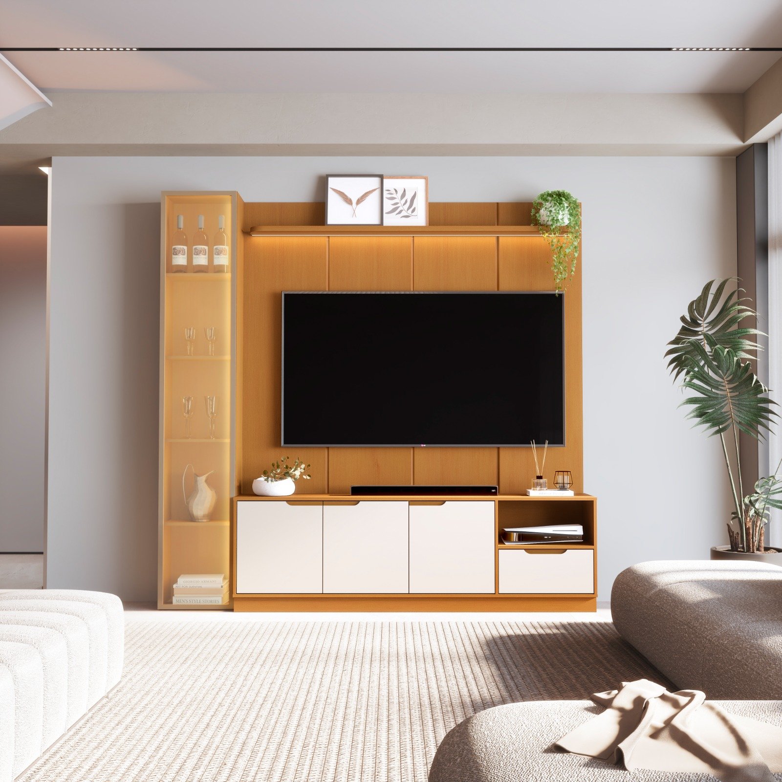 Torre Modular c/ Led Vidro reflecta + Bancada Tucumã + Painel Liso Slim c/Prateleira 55" e Led 2.16m - Nature/Off White