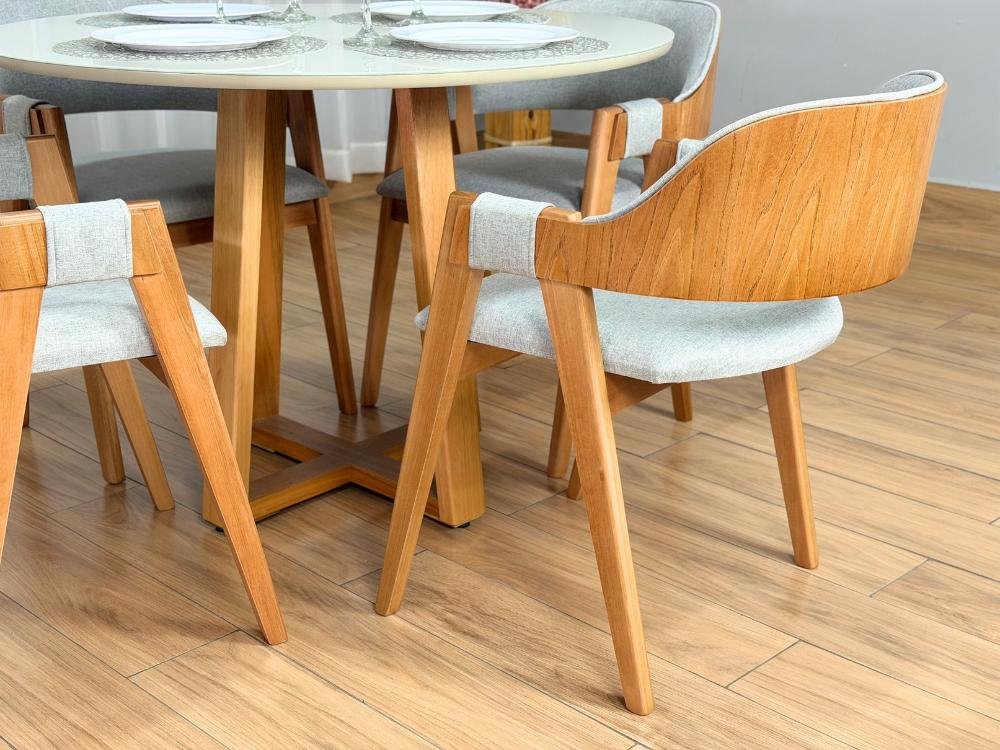 Mesa de Jantar Bali Circular 1.10x1.10m c/4 Cadeiras Pérola - Cinamomo/Off White/Cinza Linho - Imagem 8