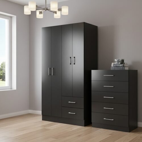 Guarda-Roupa 4 Portas Panamá 4002 + Cômoda 5 Gavetas Aruba Preto – FELLICCI