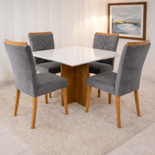 Mesa Salinas 120 Cinamomo/Off White com 4 Cadeiras Safira Veludo Cinza Grafite – CEL MÓVEIS + WM DECOR