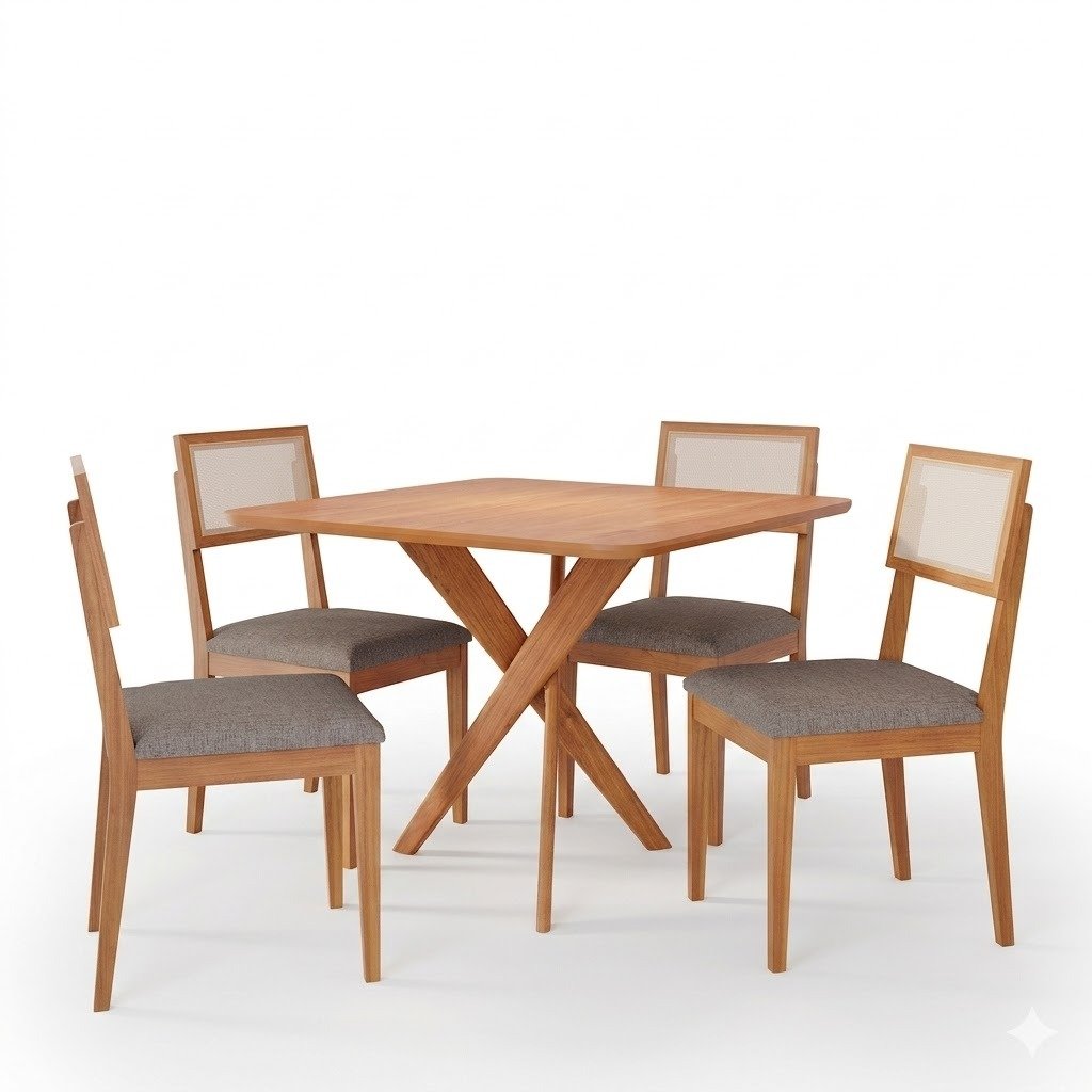 Mesa Cacau 95 (S/Vidro) Madeira/Off White com 4 Cadeiras Encanto Linho Cinza Grafite – CIMOL - Imagem 2
