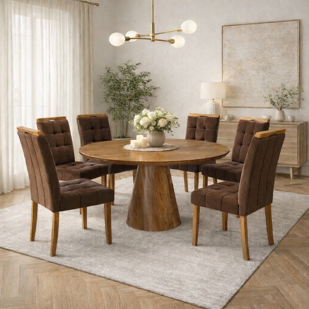 Mesa Redonda Malva 130 Mel com 6 Cadeiras Sophia Veludo Marrom 103 – J SILVA MÓVEIS + WM DECOR