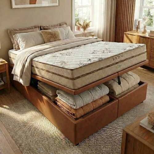 Colchão Queen Toronto 30 cm D28 Molas Ensacadas + Base Baú Corino Marrom – ECOTEC + ALTO NÍVEL